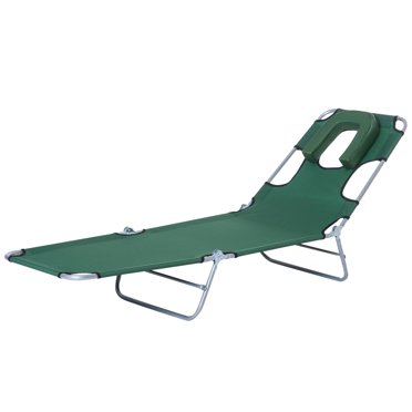 Outsunny Chaise Longue d'Extérieur, Chaise Longue Pliante Réglable avec Ouverture pour le Visage, Chaise de Bronzage Lit Bain de Soleil Inclinable, Vert