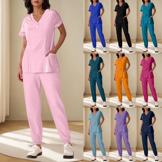 Sentmoon Womens 2 Piece Outfits Basic Tops for Woman and Business Pants Plus Size Short Sleeve V Neck Stretchy Women Fall Outfits Loose Solid Color Button Down Women's Blouses for Summer Outfits