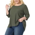 thumbnail image 4 of GRACE & GRANDEUR Blouse pour Femme Grande Taille à Manches 3/4 Gaufrées, Col Rond, Panneau en Dentelle, Coupe Ample, Ourlet Haut-Bas, Hauts Vert Armée 2X, 4 of 5