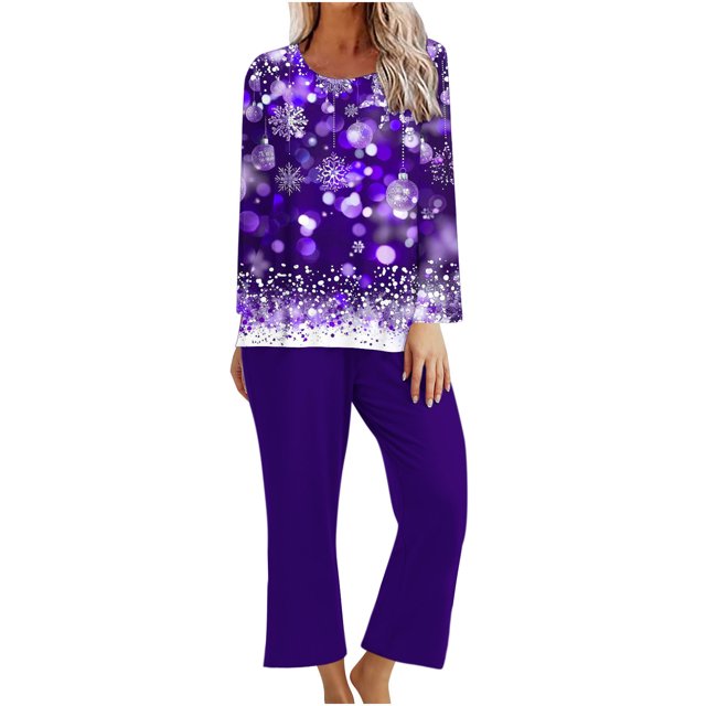 Pisexur Pyjama de Noël pour Femmes Ensemble Deux Pièces Tendance des Fêtes Imprimé Flocon de Neige Pyjamas de Noël Décontractés Manches Longues Col Rond Hauts Pantalons de Pyjama Tenue de Nuit
