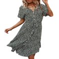 thumbnail image 3 of Femmes Bouton vers le Bas Midi Robe à Manches Courtes Imprimé Floral Ceinture en Vrac Robe Chemise Jaune M, 3 of 8