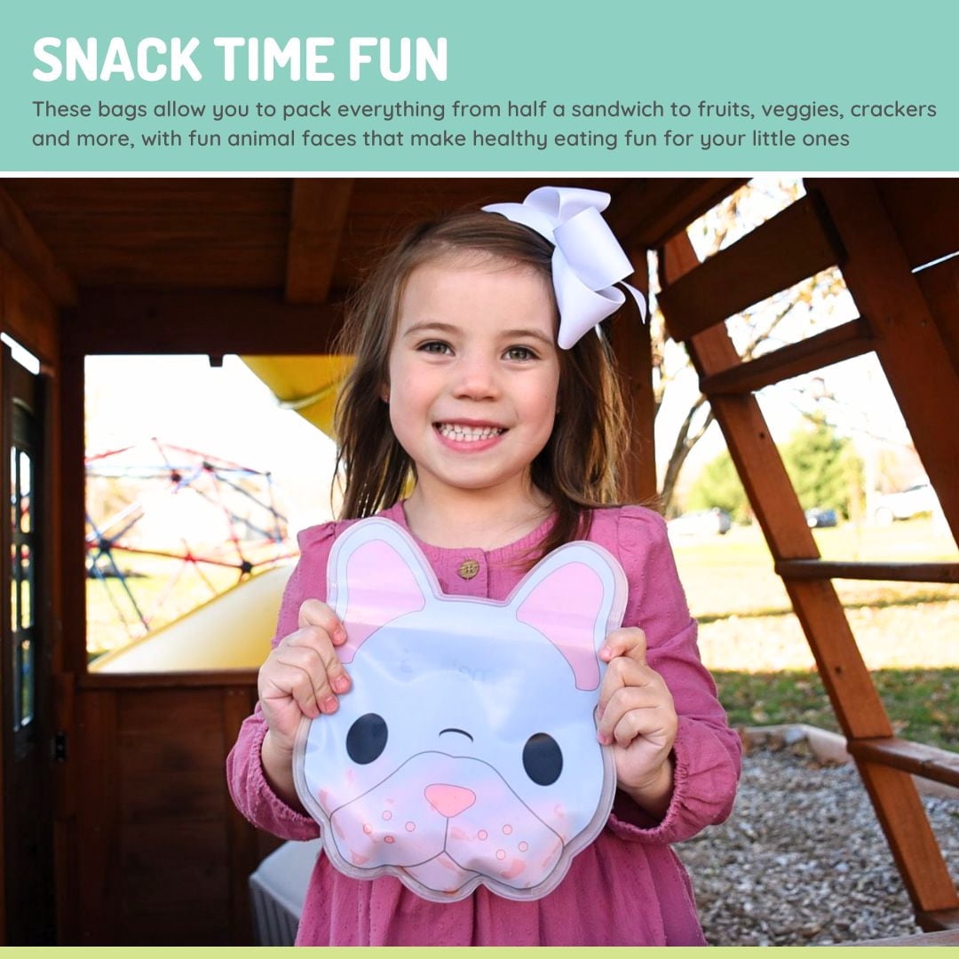Melii Reusable Snack Bags - for Kids - 6 pack :bulldog, cat, lion, panda, bear & shark - Leak-proof, BPA-free