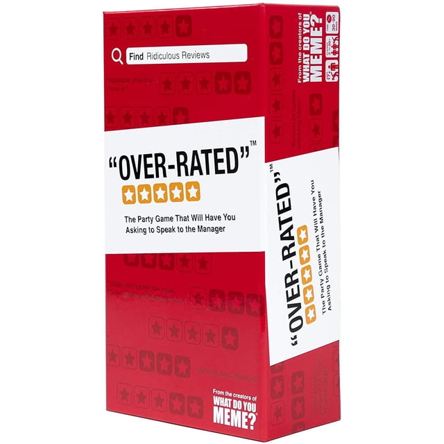 Jeu de Fête pour Adultes Surestimé par What Do You Meme? dans une Boîte Rectangulaire Rouge avec des Panneaux Blancs Présentant le Titre et le Slogan « the Party Game That Will Have You Asking to Speak to the Manager », Accentué par des Cotes d'Étoiles orange et des Citations Humoristiques de Critiques, Conçu pour les Joueurs de 3 à 20+ de 17 Ans et Plus, Idéal pour les Soirées de Jeux Sociaux et le Divertissement de Groupe.