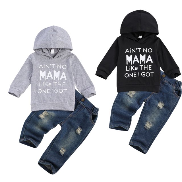 goowrom Kids Boys Letter Print Long Sleeve Hooded Pullover+ Ripped Jeans