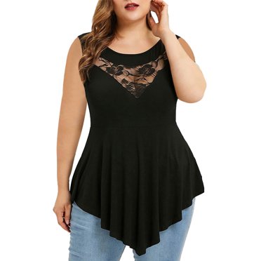Timegard Womens Plus Size Tank Tops Lace Round Neck Irregularly Bottom Loose Tunic Tops Comfy Casual