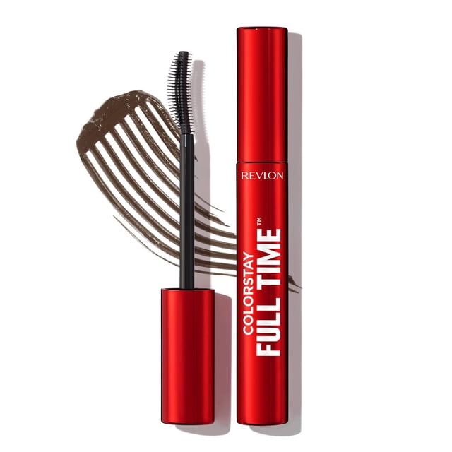 ColorStay Full TimeTM Mascara par Revlon avec un tube Métallique Rouge et une Brosse Universelle Incurvée, Montré Ouvert avec une Nuance de Mascara Brun Foncé derrière, Offrant un volume Modulable et une Tenue Sans Flocons de 24 Heures, Convient à Tous les types de Cils.
