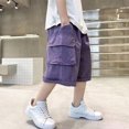 thumbnail image 2 of Short Cargo Ample pour Garçon, Jambe Droite, Short Cool, Poche à Rabat, Short à Lettres Patchées, Violet, 13-14 Ans, 2 of 5