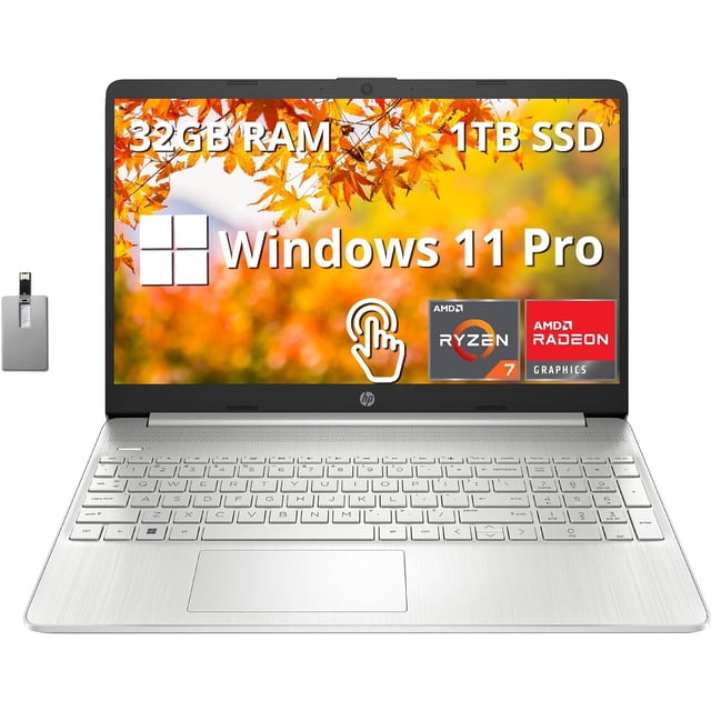 HP Pavilion 15.6" FHD Touchscreen Laptop in silver with AMD Ryzen 7 5700U processor, 32GB RAM, 1TB SSD, AMD Radeon Graphics, and Windows 11 Pro. Designed for multitasking and high performance, it features a full-size keyboard with numeric keypad, HD webcam, and versatile ports including USB Type-A, USB Type-C, HDMI, and SD card reader. Includes bonus 32GB Hotface USB card.