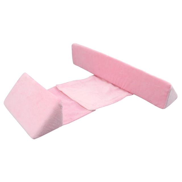 Baby Breathable Pillow, Baby Removable and Washable Breathable Bedding Set in pink. Features an adjustable 45° triangular inclined support and anti-roll sleep positioner. Made of sponge material with a hidden zipper design for safety. Measures approximately 16.92 x 3.93 inches. Includes adjustable distance with hidden Velcro for a customized fit. The pillowcase is removable and machine washable for easy cleaning.