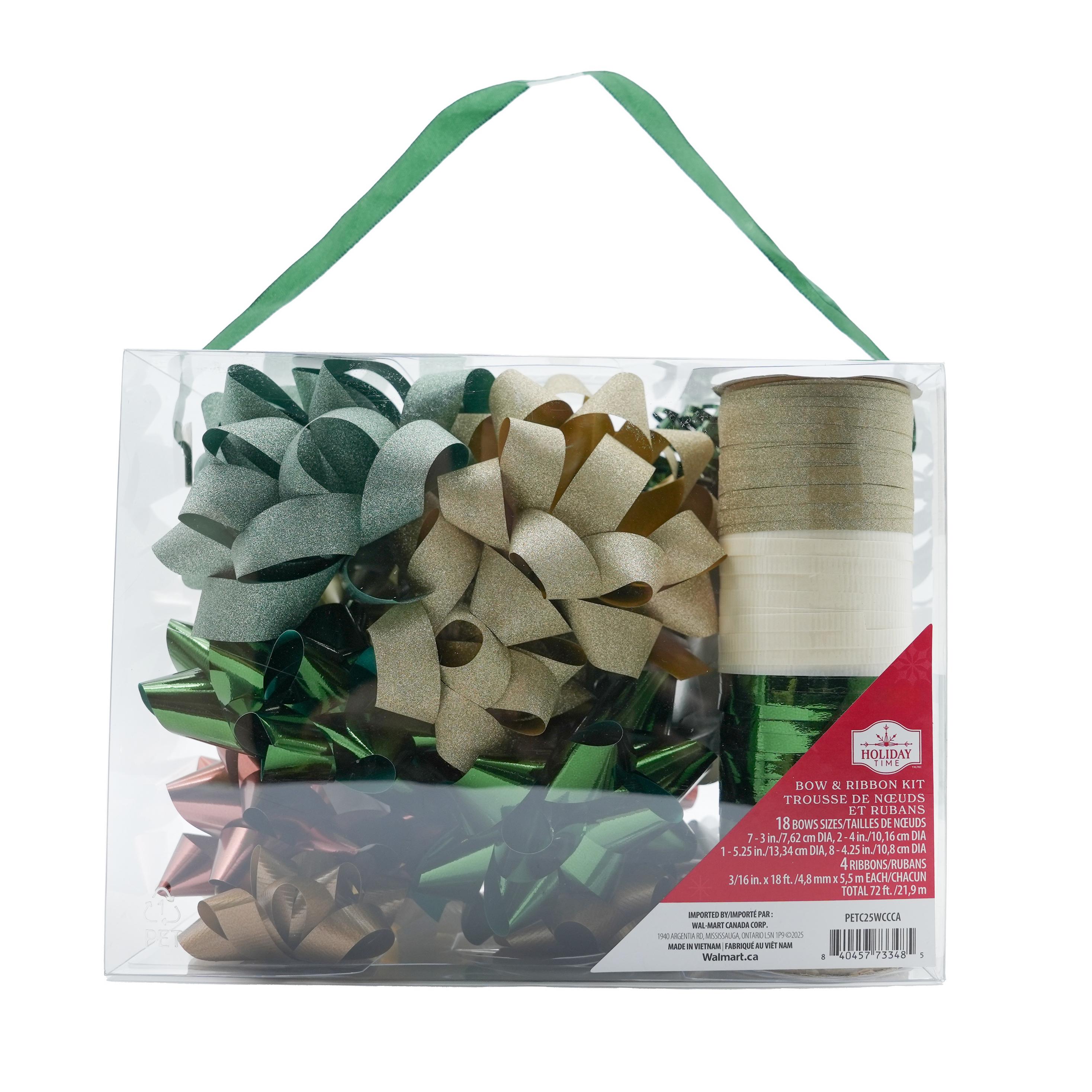 Cozy Cabin Bow and Ribbon Kit, Gold, Silver & Rich Green, 18 Bows & 72 ft by Holiday Time