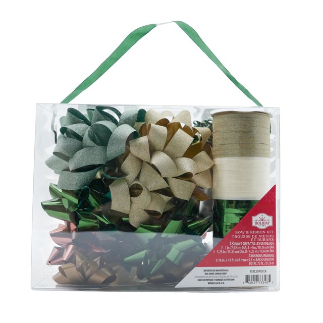 Cozy Cabin Bow and Ribbon Kit, Gold, Silver & Rich Green, 18 Bows & 72 ft by Holiday Time