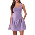 thumbnail image 2 of Liquidation d'Automne! Robes pour Femmes, Robe d'Été Décontractée pour Femmes avec Poches, Couleur Unie, Mini-Robe à Col en V, Violet, P, 2 of 9