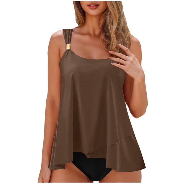 Flowy Ruffle Tankini Swimsuits for Women Beach Summer 2 Piece High Waist Bathing Suits Pool Modest Swimwear Brown, XL