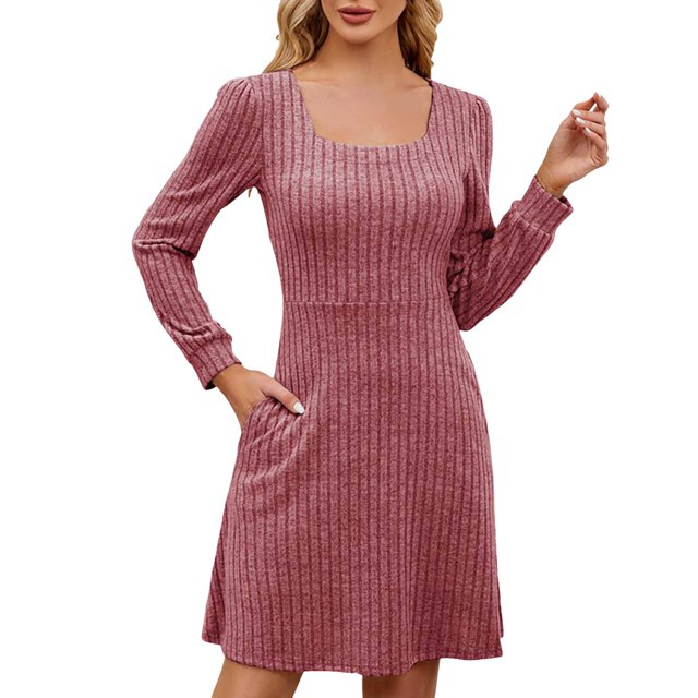 TJAZFJPA Robes de Vacances Robe Pull en Tricot pour Femmes avec Poches Col Carré Manches Longues Robes Grande Taille Robes Formelles pour Femmes