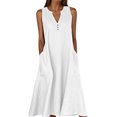 thumbnail image 1 of Ohufall Robe Femme en Coton et Lin à Col en V Sans Manches Décontractée Robe Débardeur Unie Confortable avec Poches Robe Midi d'Été Chic, 1 of 5