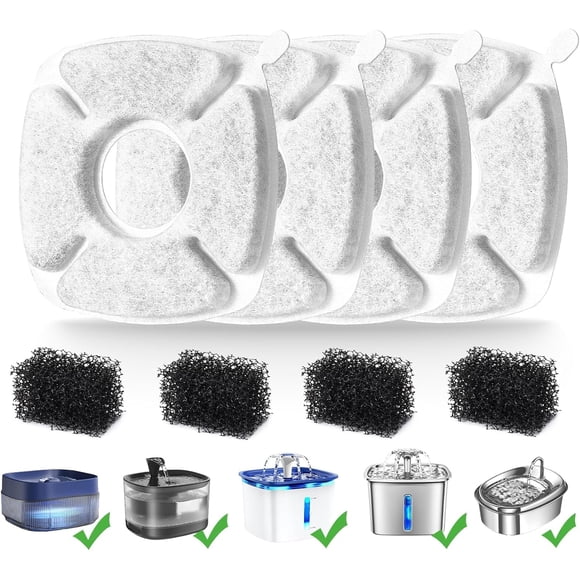 8 Pcs Filtres de Remplacement pour Fontaine pour Chat pour Veken 95Oz/2.8L, Fontaine Automatique pour Animal de Compagnie et Distributeur d'Eau pour Chien en Acier Inoxydable pour Fontaine pour Chat (4 Filtres au Carbone + 4 Filtres Éponge)