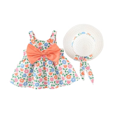 Summer Savings ! PEZHADA Toddler Girl Flower Dresses,Toddler Baby Girl Summer Bow Decoration Flower Print Suspender Dress With Hat Orange 3-4 Years