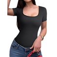 thumbnail image 2 of Women'S 2 Piece Bodysuits Ribbed Square Neck Short Sleeve Bodysuits Black L, 2 of 7