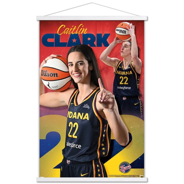 WNBA Indiana Fever - Caitlin Clark 24 Affiche Murale Mettant en Vedette Caitlin Clark de l'Uniforme de basketball Noir Indiana Fever Numéro 22 avec Garniture Jaune et Rouge, Tenant un Ballon de basketball Wilson et Faisant un Geste Numéro un, avec une image Secondaire de Son Tir, sur Fond Rouge avec Grand Numéro Jaune et Bleu 22 et le logo de l'Équipe.