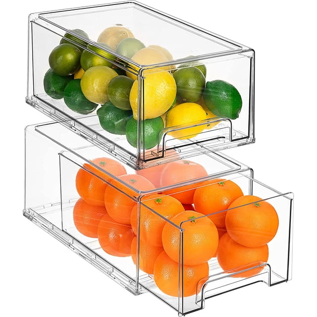 Sorbus Fridge Drawers - Clear Stackable Pull Out Refrigerator Organizer Bins, shown in a set of two large containers. Each bin is made of durable, BPA-free clear plastic with a pull-out design for easy access. The top bin is filled with lemons and limes, while the bottom bin contains oranges, demonstrating their use for organizing fruits. These bins are ideal for maximizing vertical storage in refrigerators, freezers, or kitchen spaces.