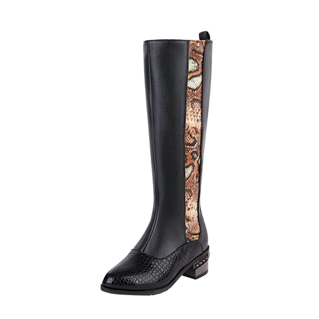 CEHVOM Women Boots Mid Heel Pointed Shoes Zippered Shoes Winter Snake Pattern