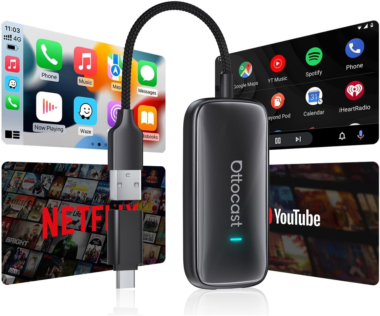 Ottocast Play2video Ultra, 2-in-1 Wireless CarPlay & Android Auto