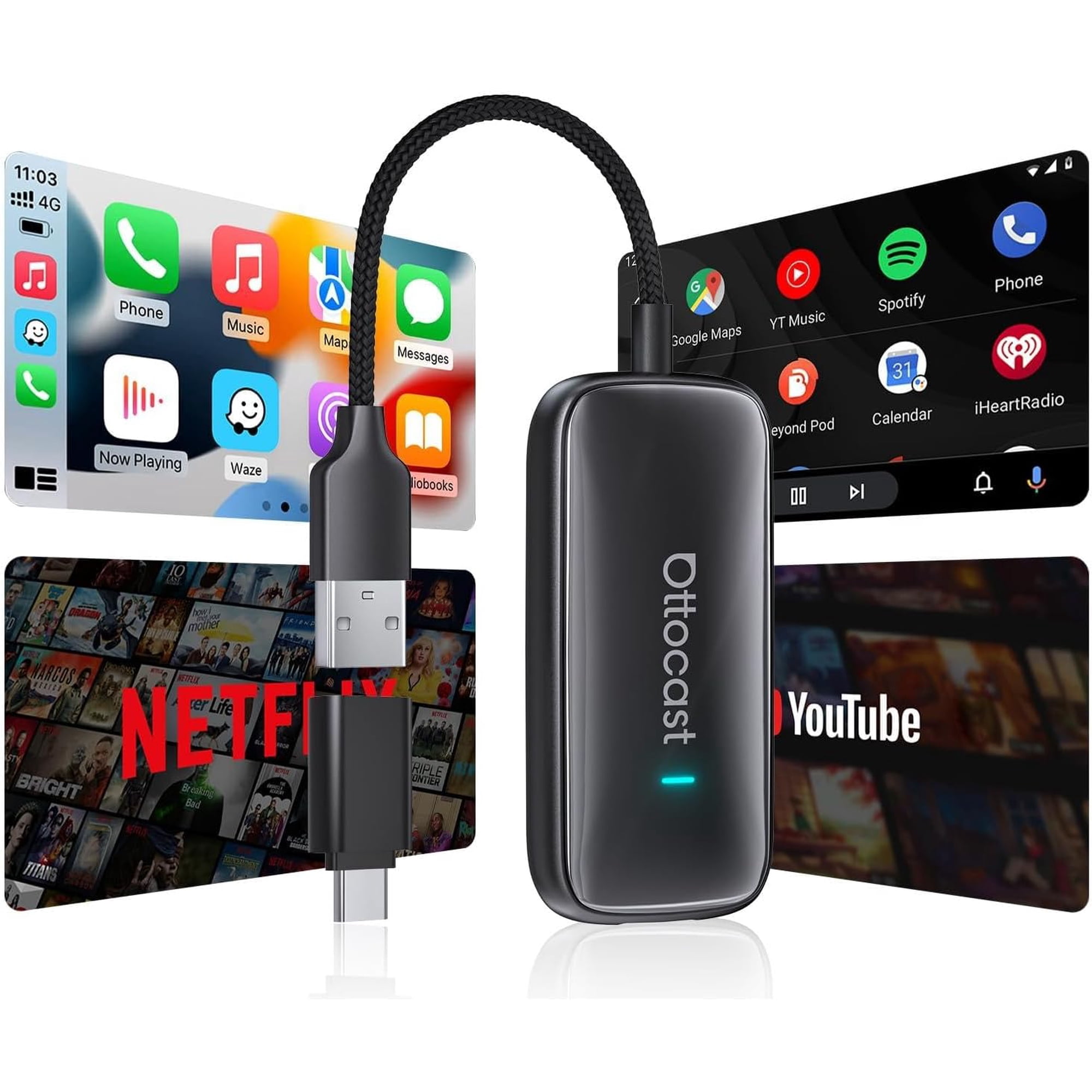 Ottocast Play2video Ultra, 2-in-1 Wireless CarPlay & Android Auto