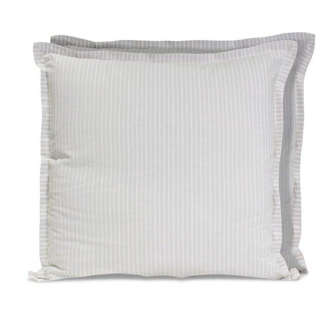 Hometrends 2 Pack Pinstripe Euro Pillow featuring two grey European pillows with vertical pinstripe design and tailored edges, crafted from 100% cotton with polyester fill, measuring 26 by 26 inches, suitable for enhancing bedding or sofa décor and often used as supportive back cushions.