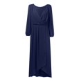 thumbnail image 4 of Robes d'Été pour Femmes en Chiffon Col en V Manches Longues Plissées Longueur Midi Robe Maxi Bleu Foncé TTG, 4 of 5