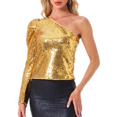 INSPIRE CHIC Haut Femme à Paillettes une Épaule Manches Longues Bouffantes Cocktail Fête Scintillant TP Or