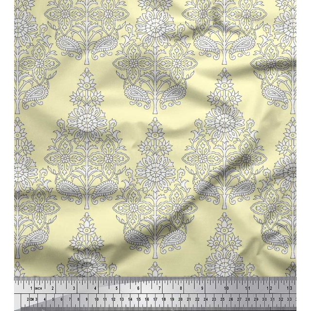 Soimoi Poly Georgette Fabric Leaves & Floral Block Printed Fabric 1 Yard 52 Inch Wide