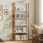 QinaQin Modern Tall 6-Tier Bookshelf Industrial Bookcase as Corner Storage Organizer Free Standing Shelving Unit for Bedroom Home Office Kitchen Living Room White and Gold