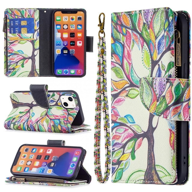 Compatible with 13 Detachable Magnet Zipper Wallet Leather Case Cash Pocket with Multiple Card Slots Holder Wrist Strap Removable Cover
