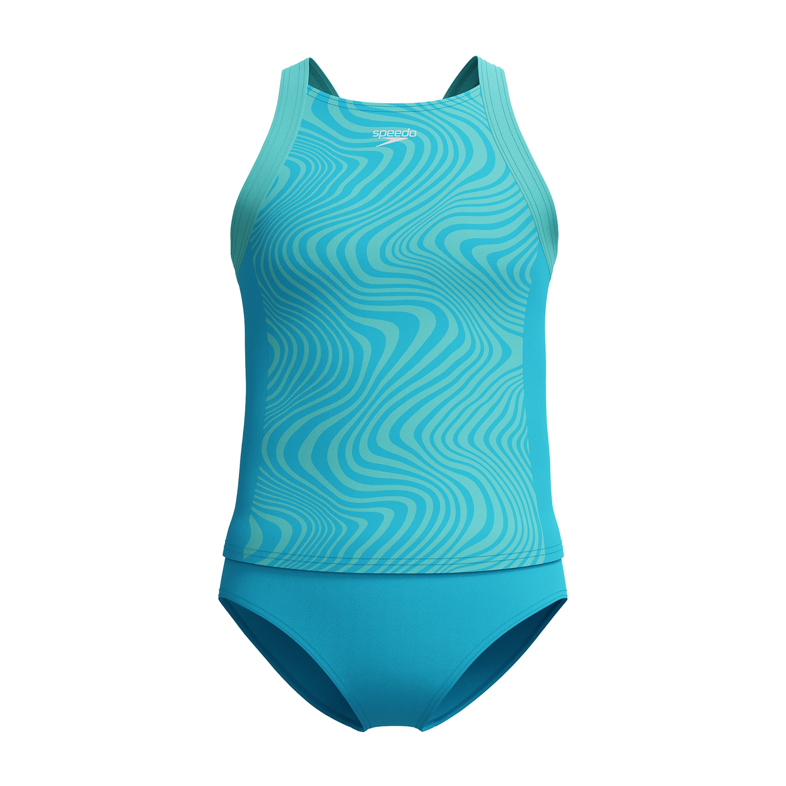 Speedo Girl's UV Protection Printed Colour Block Thick Strap Two Piece Tankini Set Swimsuit - Picton Blue, Size 10