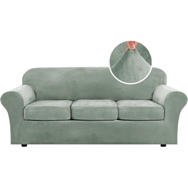 Modern Velvet Plush 4 Piece High Stretch Sofa Slipcover Furniture Protector in a muted green tone, crafted from soft velvet fabric. Includes a base cover and three cushion covers for sofas with removable cushions, fitting sitting widths of 72-90 inches. Elastic bands ensure a secure fit, ideal for protecting furniture from stains and wear. Machine washable for easy care. Highlighted close-up showcases the thick, luxurious texture of the fabric.