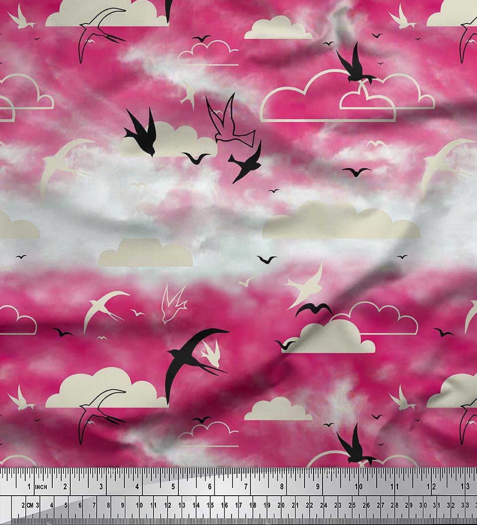 Soimoi Cotton Jersey Fabric Clouds & Flying Swift Bird Print Fabric by Yard 58 Inch Wide