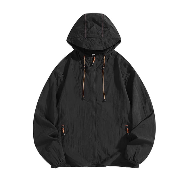 Maqroz Veste de Soleil pour Homme UPF 50++ à Capuche à Fermeture Éclair Intégrale Protection UV SPF Rafraîchissante Légère avec Poches Été Ajustable Séchage Rapide Veste de Sport de Piste Randonnée Pêche Plein Air Noir P
