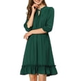 thumbnail image 1 of INSPIRE CHIC Women's Layered Ruffle Hem 3/4 Sleeves Smocked Chiffon A-Line Dress M Dark green, 1 of 8