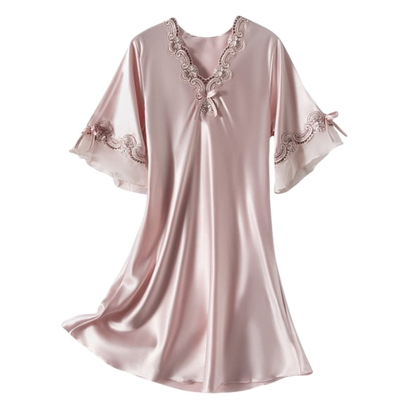 Cameland Women's Lace Sleeping Night Shirts Summer Sleepwear Short Pajama Sleep Shirt Silk Nightgown Satin Night Gown Dresses Soft Lace Short Sleeve V Neck Nightshirt