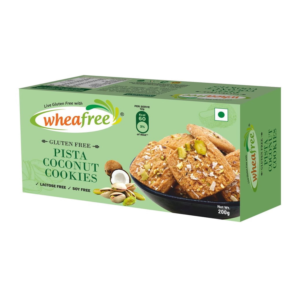 Wheafree Gluten Free Pista Coconut Cookies (200g) | Soya Free | Egg Free | Soft & Delicious Pista and Coconut Flavoured Cookies | Best Teatime Snacks | 100% Vegetarian