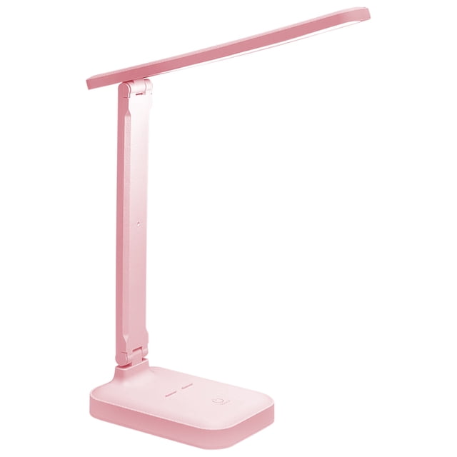 New Desk Lamp, Student Specific Eye Protection LED, ideal for children's learning and reading, displayed in a soft pink finish. This adjustable LED lamp features a 90-degree adjustable arm, 180-degree foldable head, and compact design for bedside or study use. Includes a sensitive touch control panel, stepless dimming function, and three color temperature options (3000K to 6000K). Built-in USB port for charging devices and a mobile phone bracket on the base for convenience.
