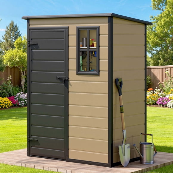 DEXTRUS 5x3 Pi Résine Extérieur Shed avec Fenêtre et Verrouillable à l'Extérieur, Rangement de Jardin et Mobilier de Patio Résistants aux Intempéries, Brun