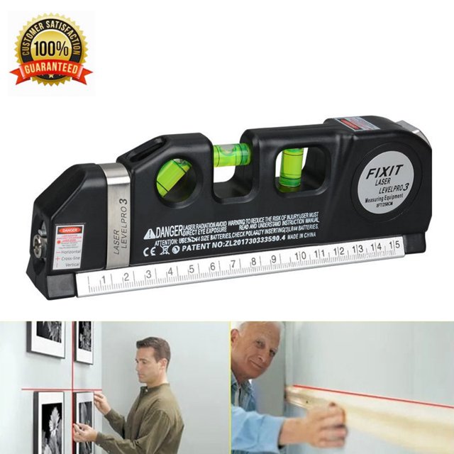 Outil Polyvalent d'Alignement de Niveau Laser et d'Horizon Vertical, Ruban à Mesurer avec Règle Métrique par Baokon. Comprend un Corps Noir avec des Faisceaux Laser Horizontaux et Verticaux Intégrés, des Niveaux à Bulles et un Ruban à Mesurer Verrouillable de 8 Pieds avec des Règles Métriques et Standards. Idéal pour Accrocher des Étagères, des Armoires, des Carreaux et des Cadres Photo avec Précision. Comprend Trois Piles Bouton LR44 pour l'Alimentation. Format Compact de 18,5 x 6,2 x 2,8 cm