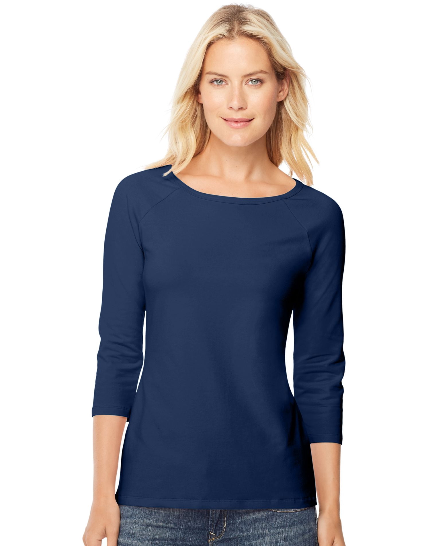 Hanes T-Shirt Raglan en Coton Extensible pour Femmes, G, Marine