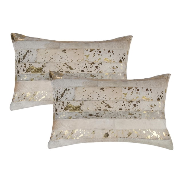 TORINO MADRID COWHIDE PILLOW 12"X20" 2-PACK with two rectangular pillows made from 100% natural Indian cowhide in cream and beige patchwork accented by metallic gold foil, hand-stitched with hidden zipper closures and ultra-soft microsuede backing, suitable for layering and adding warmth to home décor.
