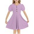 thumbnail image 1 of RXIRUCGD 2025 Vêtements d'Été pour Enfants Filles Robe d'Été Couleur Unie Col Rond Manches Courtes Robe Décontractée et Confortable pour Adultes, 1 of 6