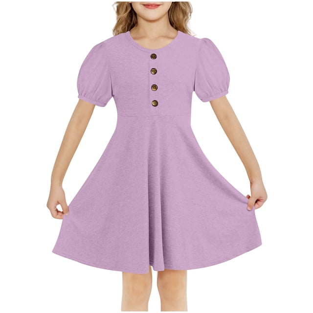 RXIRUCGD 2025 Vêtements d'Été pour Enfants Filles Robe d'Été Couleur Unie Col Rond Manches Courtes Robe Décontractée et Confortable pour Adultes