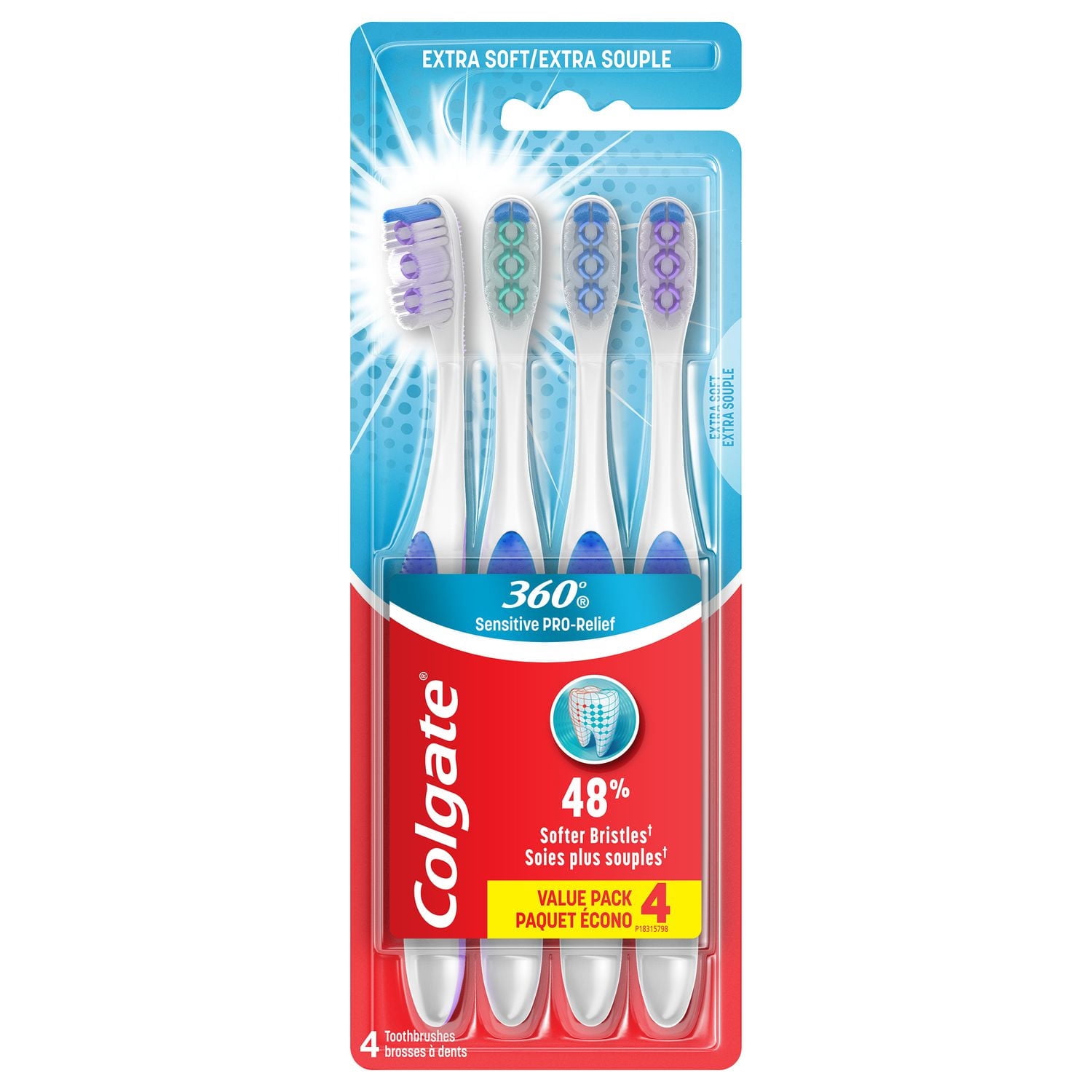 Brosse à dents extra souple Colgate 360 Sensitive Pro-Relief - paquet de 4