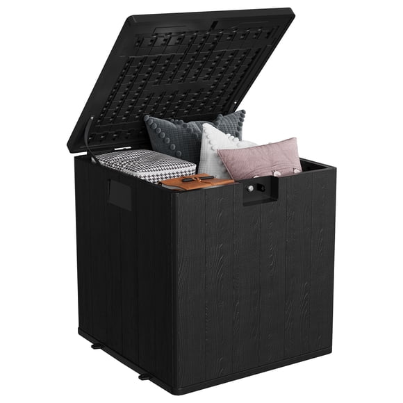 Deck Box 28 Gallon - Outdoor Storage Bin - Waterproof Resin Container - Lockable Lid with Handles - Rattan Style for Cushions Garden Tools Pool Accessories Patio Use - Black