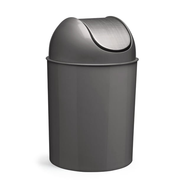 Mezzo Can 2.5G Nickel/Silver small swing-top trash can with a dome-shaped lid in brushed nickel finish, made of durable, rust-proof, waterproof plastic, 14½ inches tall and 9 inches in diameter, ideal as a waste paper basket for home or office and easy to clean.